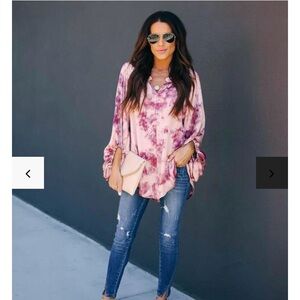 Unity Balloon Sleeve Satin Tie Dye Blouse - Rose